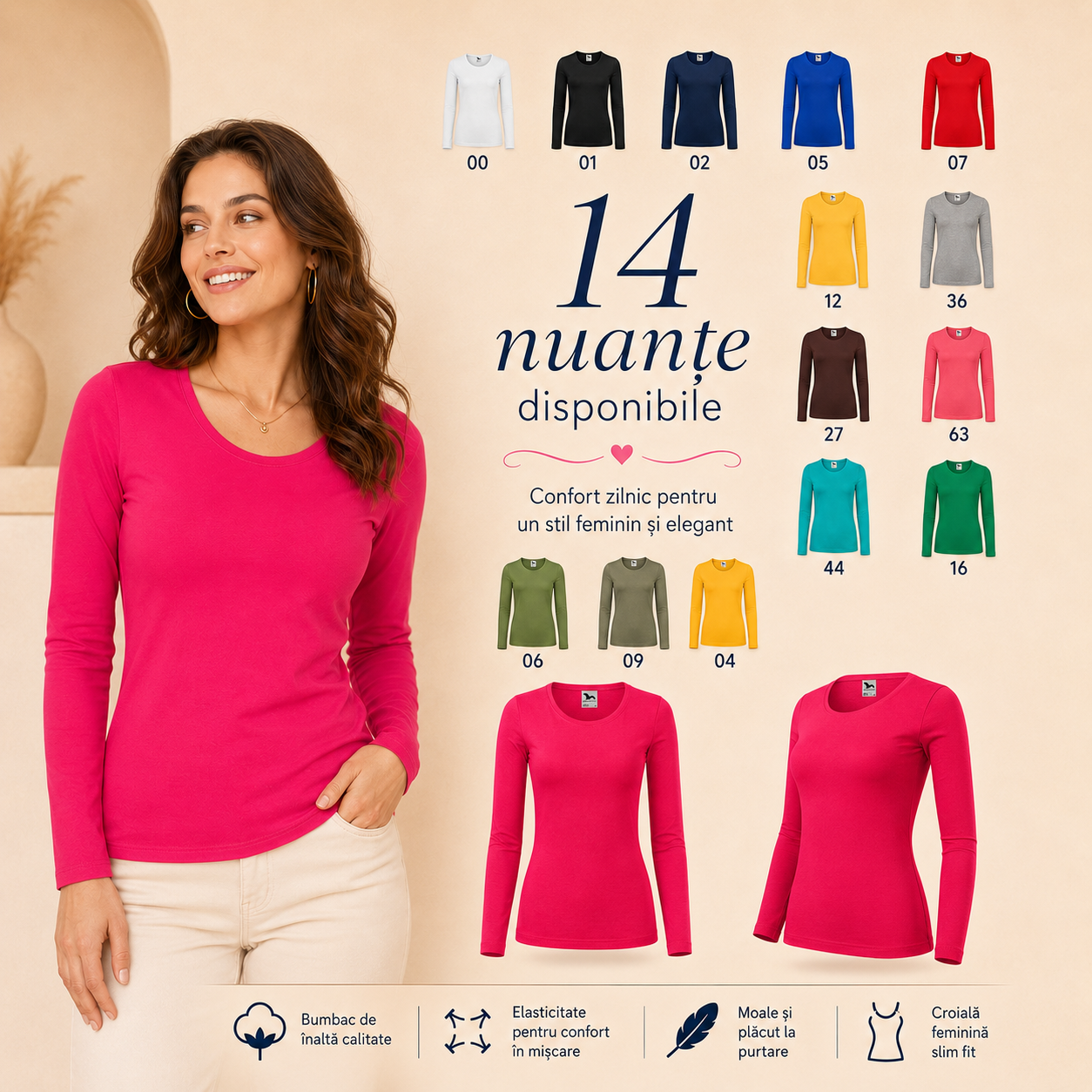 Detalii bluză damă 169 Fit-T LS, 100% bumbac, 160 g/m&sup2;, guler rotund și cusături laterale